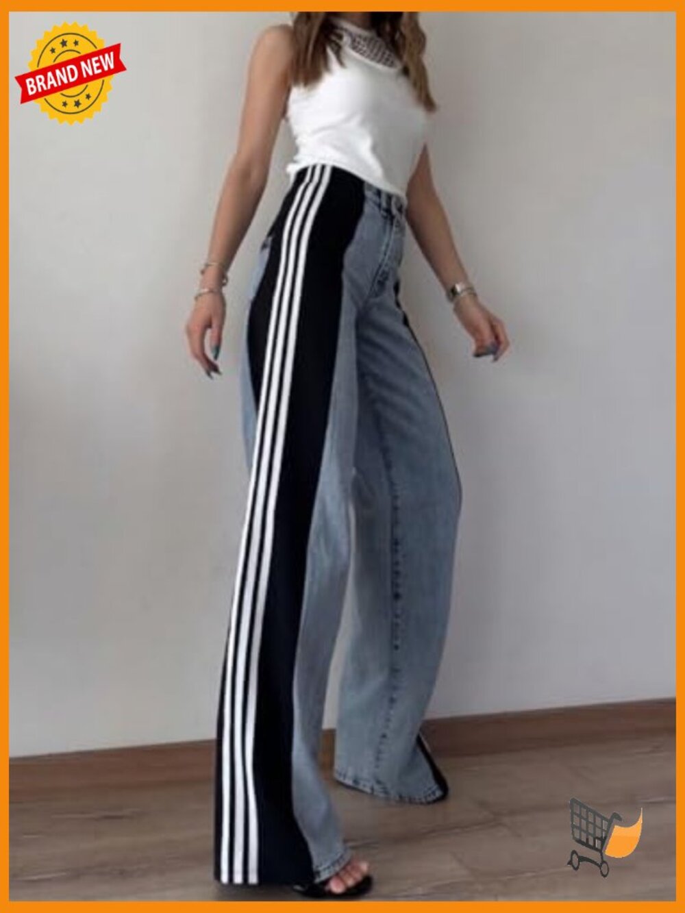 High Waisted Stretchy Wide Leg Jeans with Patchwork Stripes - Picture 4 of 7